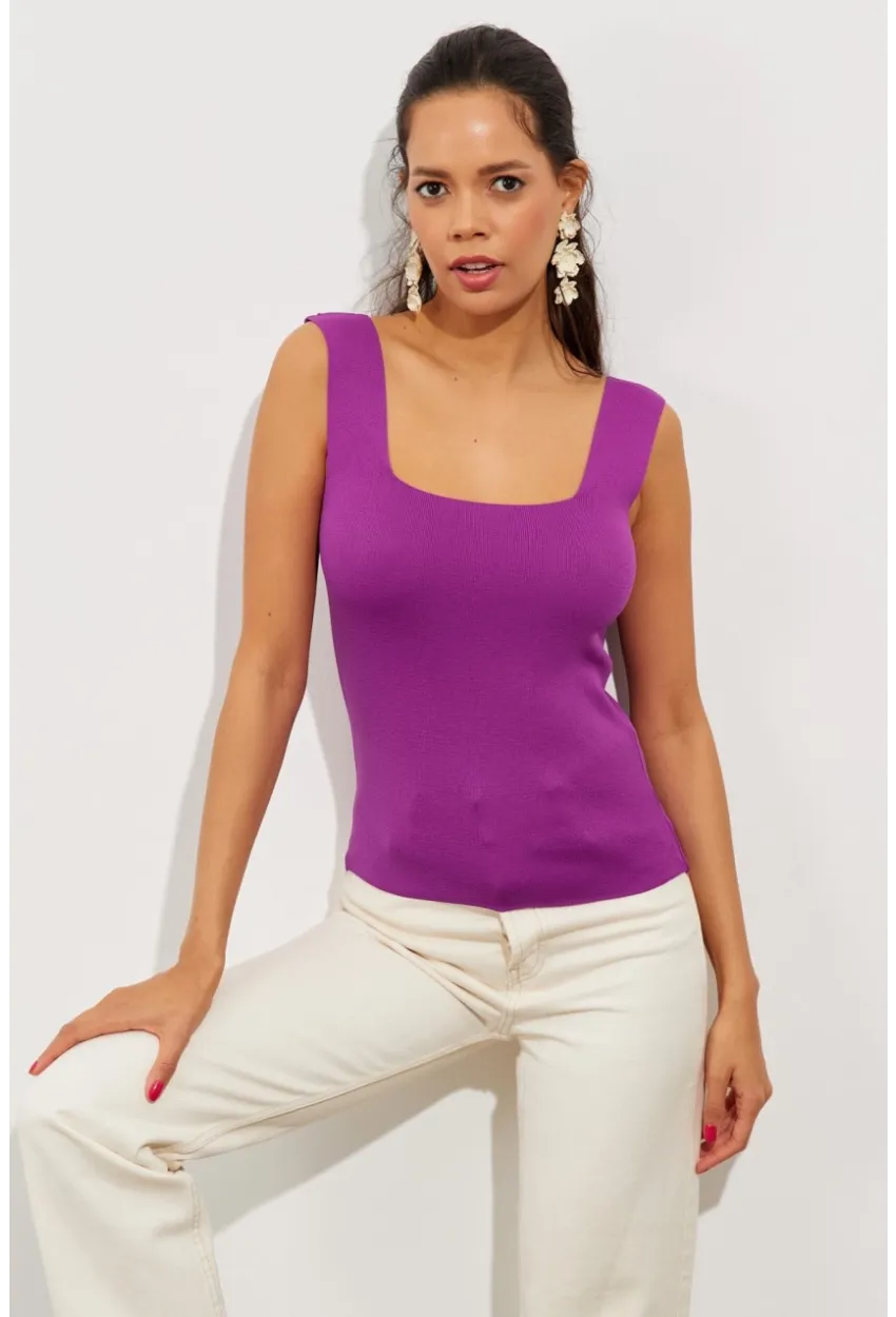 Kadın Mor Kare Yaka Triko Bluz YV87