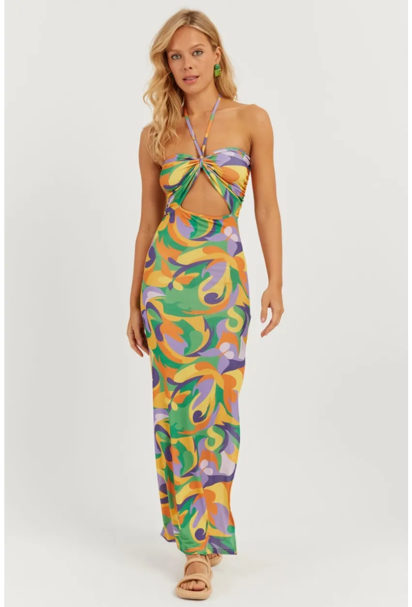 Kadın Multi Boyun Bağlamalı Desenli Midi Elbise MEN2041