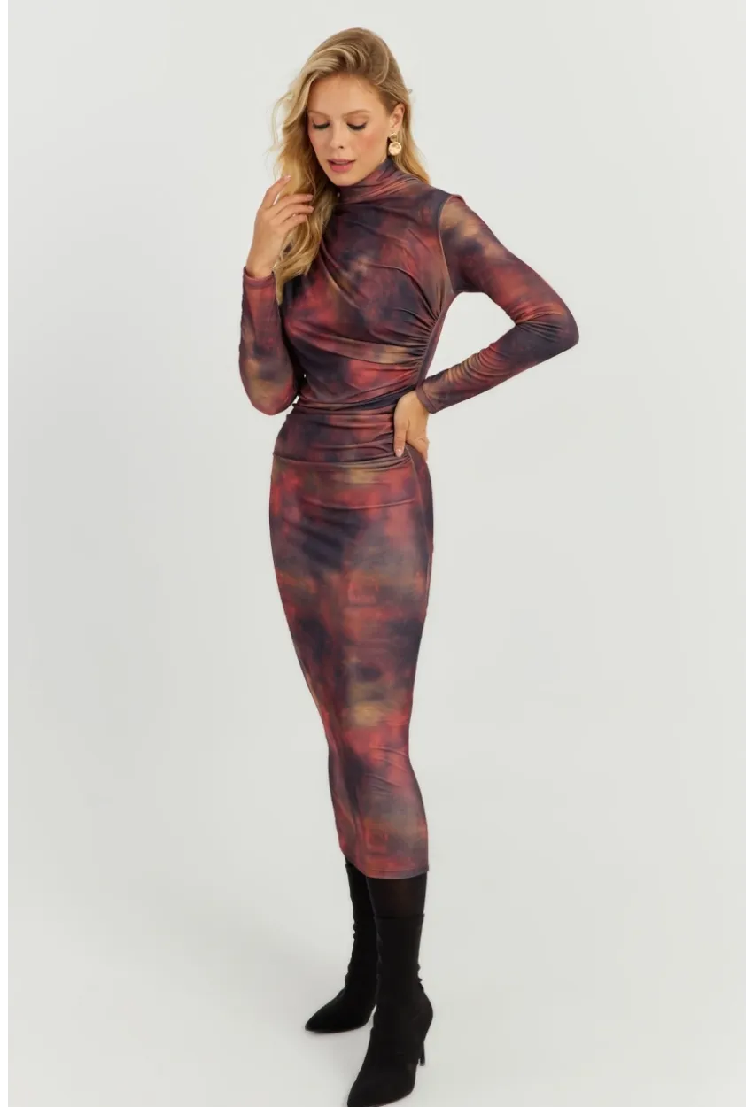 Kadın Multi Büzgülü Desenli Midi Elbise MON118