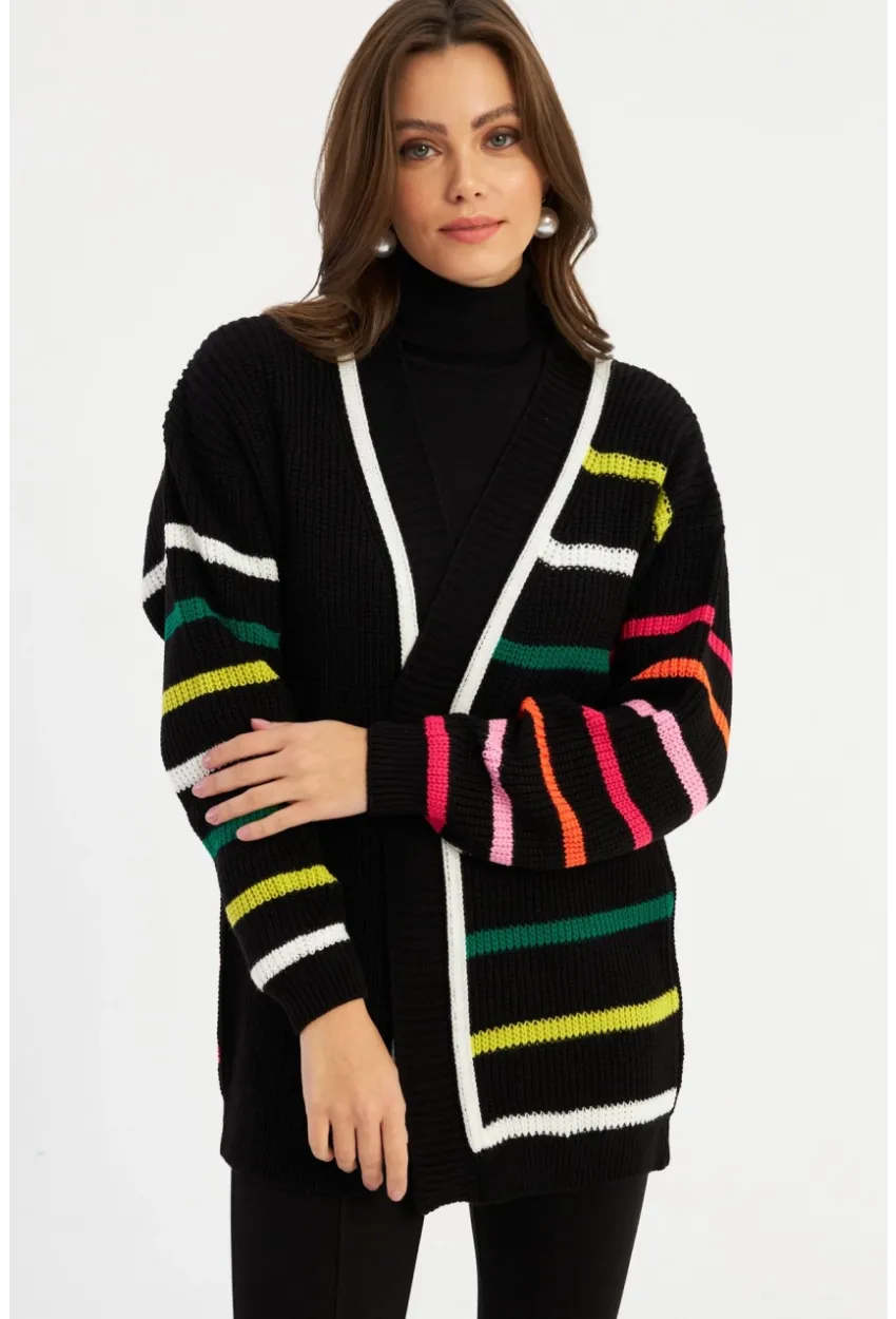 Kadın Multi Çizgili Triko Hırka MSMT2427