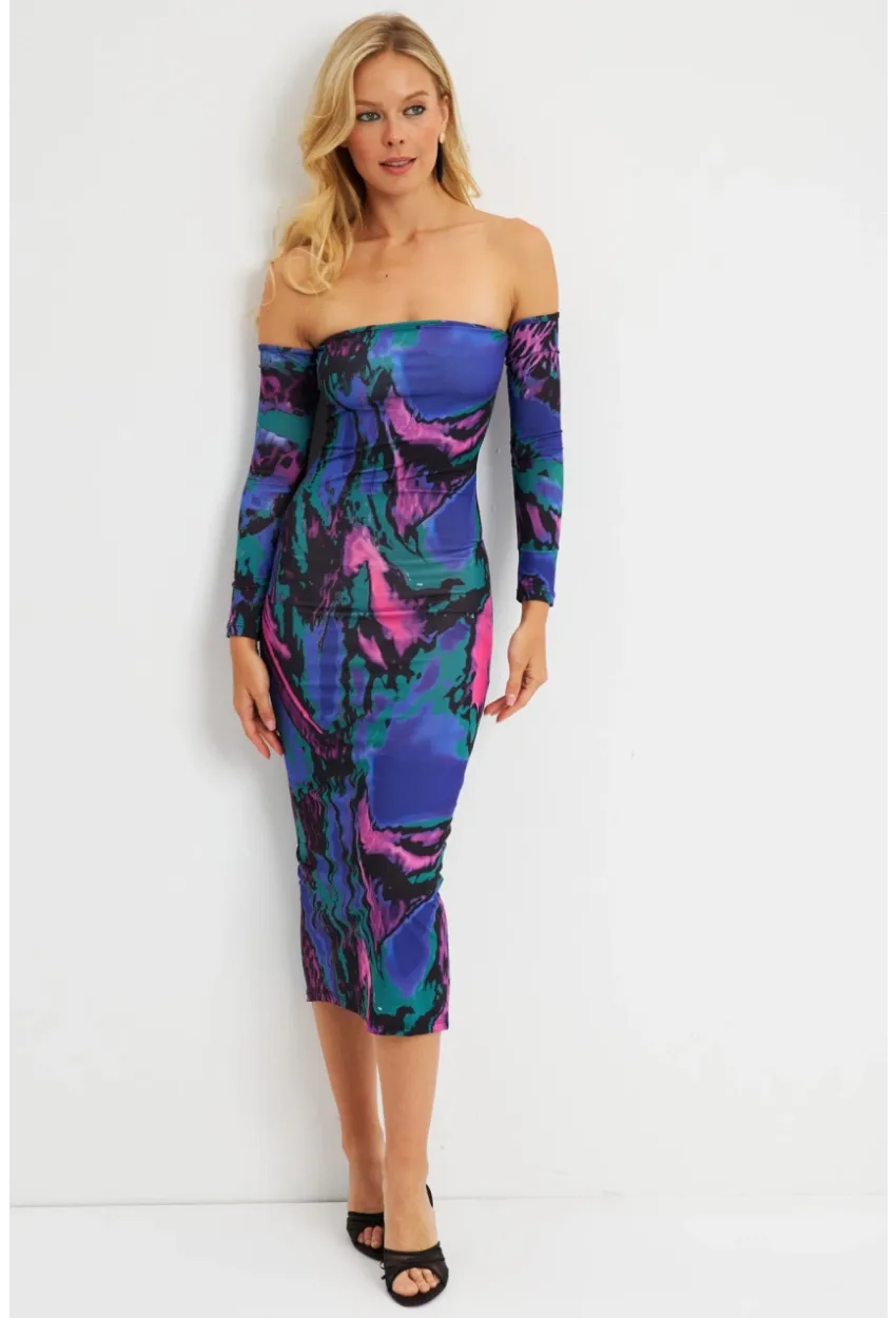 Kadın Multi Madonna Yaka Desenli Midi Elbise DMR278