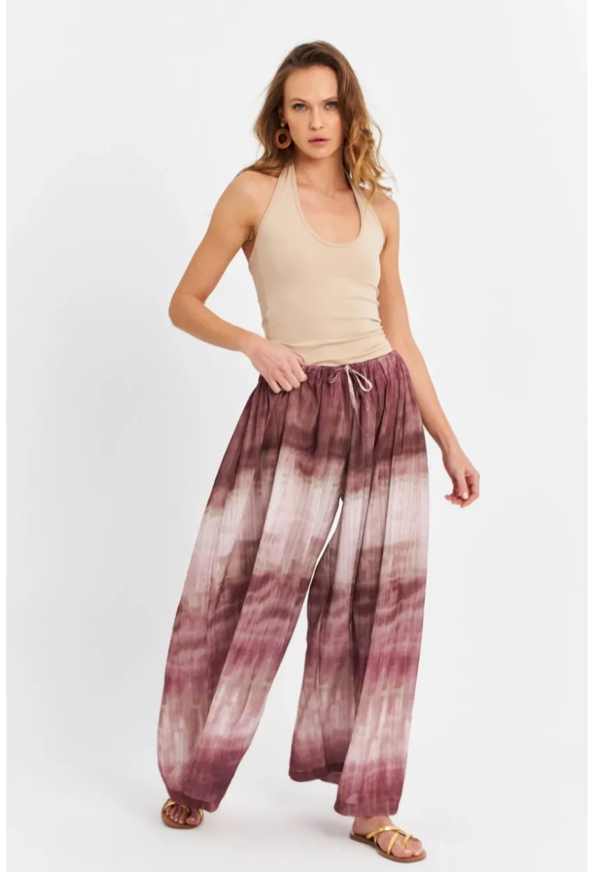 Kadın Mürdüm Desenli Salaş Pantolon TW26