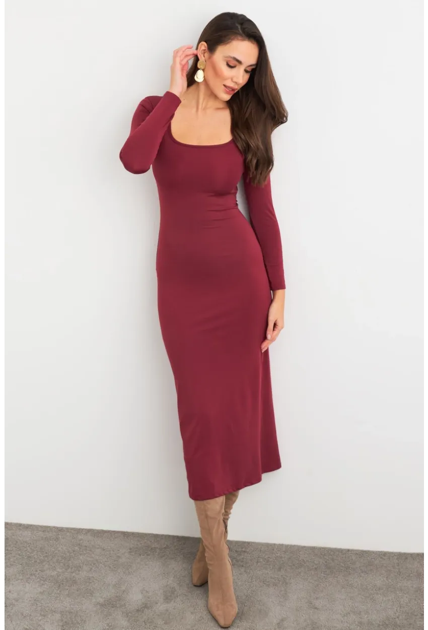 Kadın Mürdüm Kare Yaka Midi Elbise XC8102