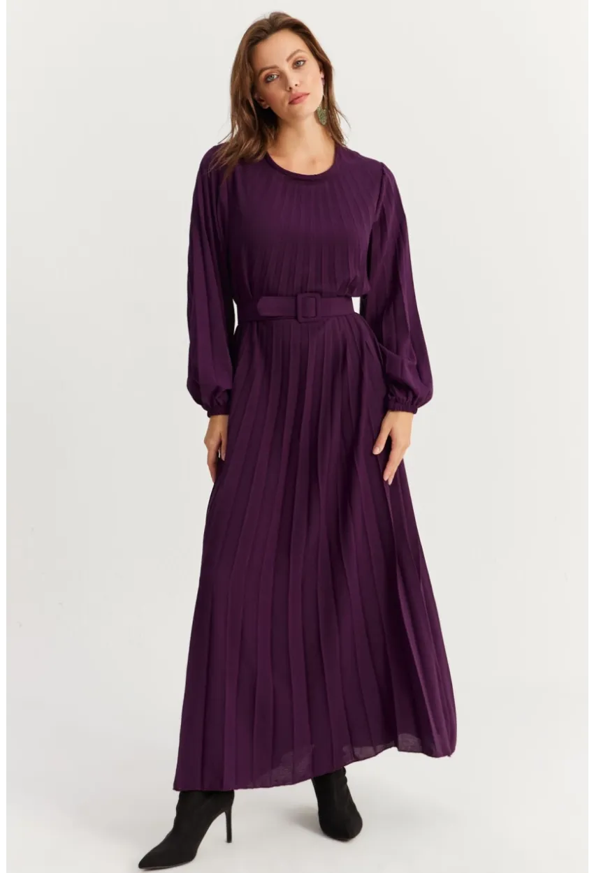 Kadın Mürdüm Kemerli Plili Maxi Elbise ALZ500