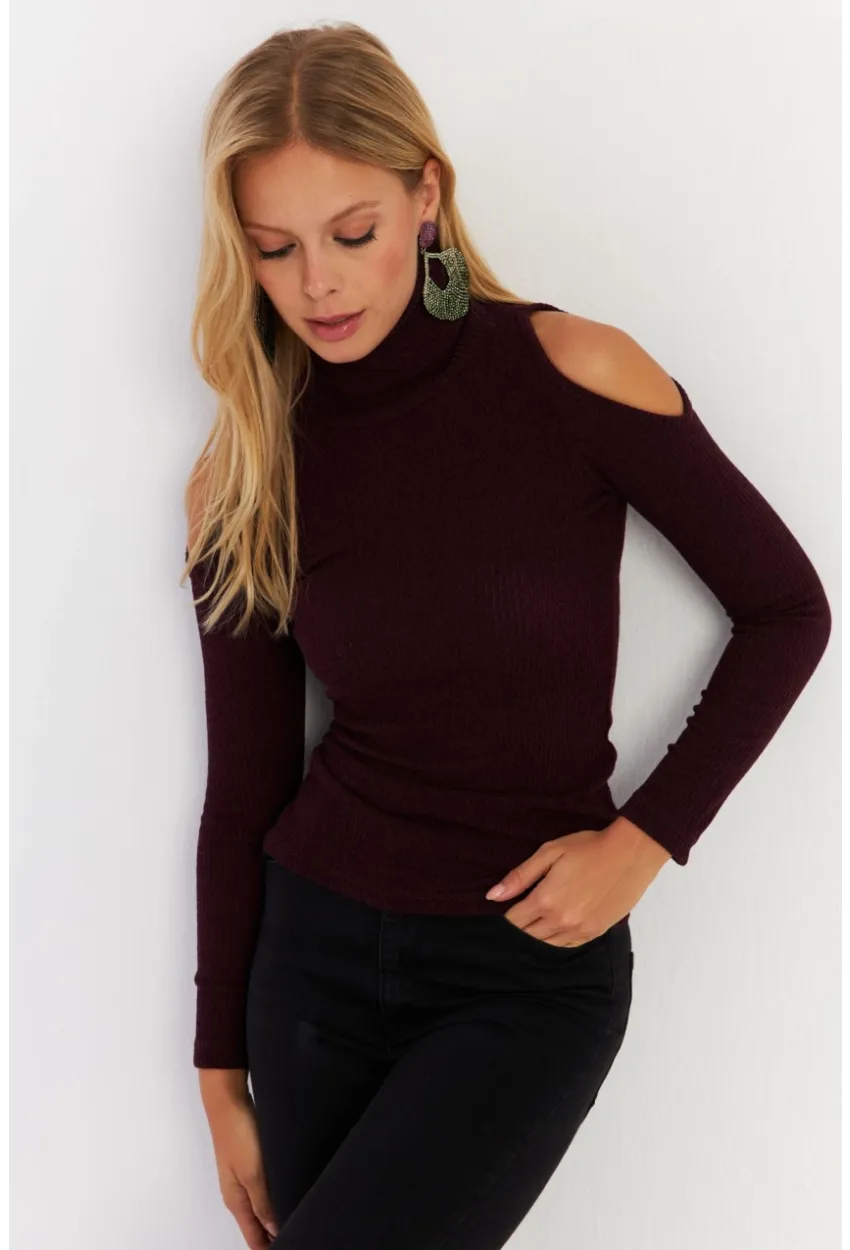 Kadın Mürdüm Omuzları Açık Kaşkorse Bluz HOR04