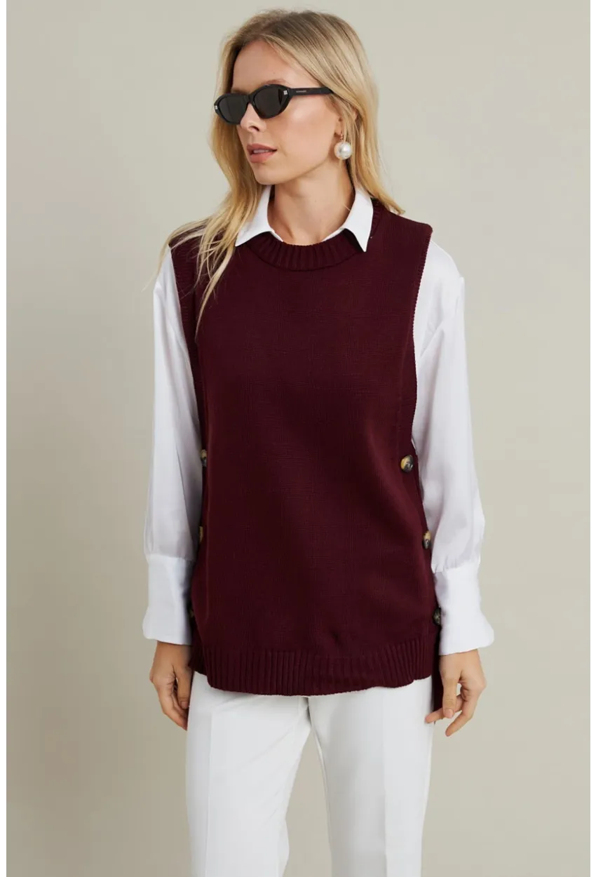 Kadın Mürdüm Yanları Düğmeli Kolsuz Triko Tunik MYV75