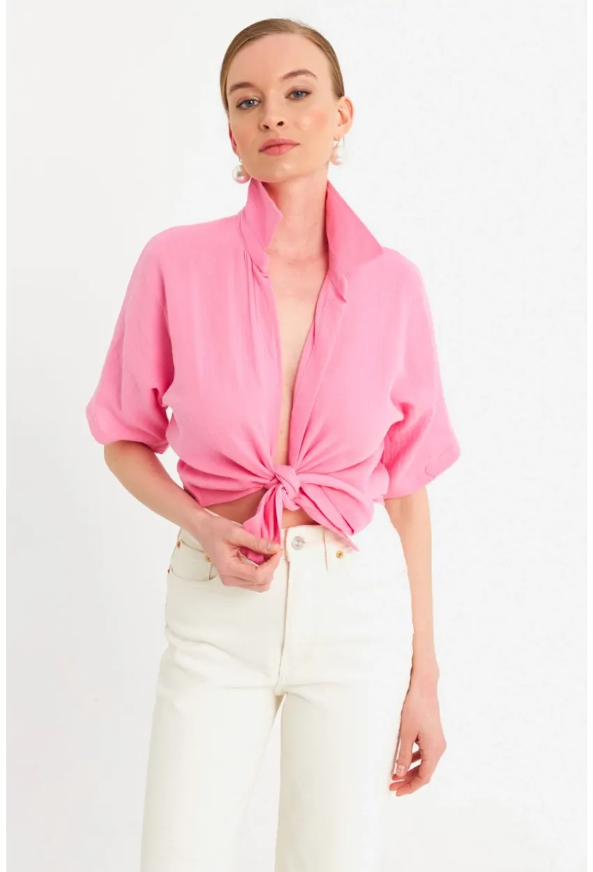 Kadın Pembe Bağlamalı Keten Bluz BTH16