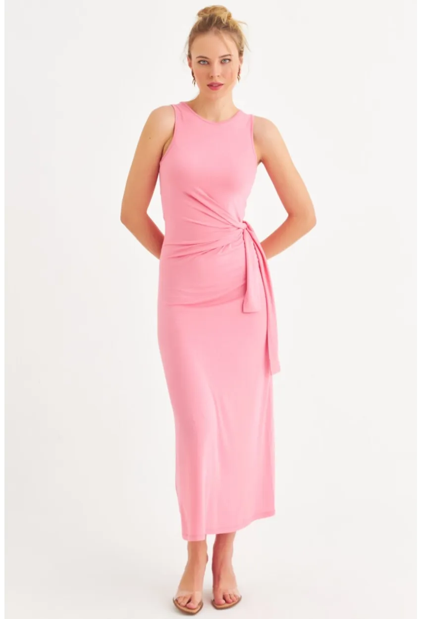 Kadın Pembe Büzgülü Kolsuz Midi Elbise TF75