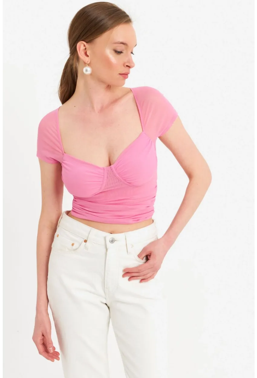 Kadın Pembe Büzgülü Tül Crop Bluz TPG04