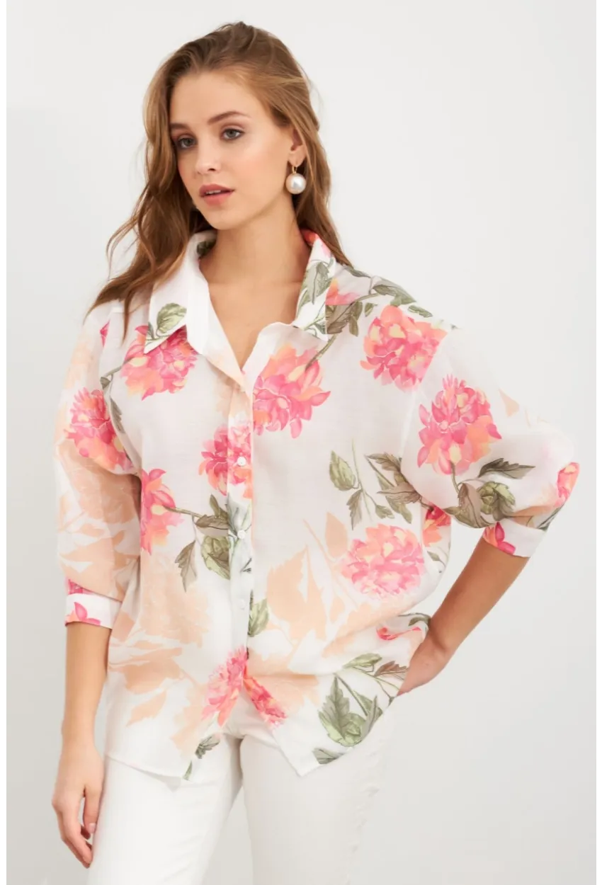 Kadın Pembe Çiçek Desenli İnce Keten Gömlek MCAR1068