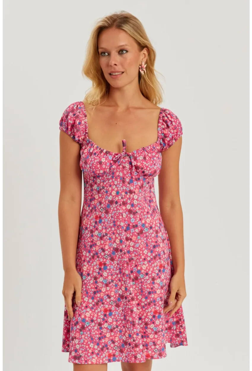 Kadın Pembe Çiçekli Mini Elbise GÇ165