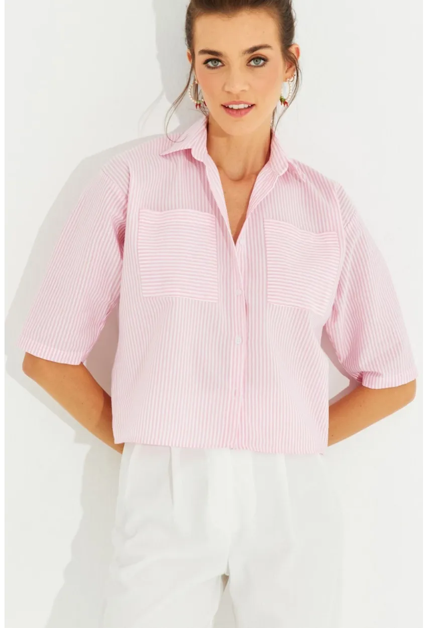 Kadın Pembe Çizgili Kısa Gömlek MİW1290
