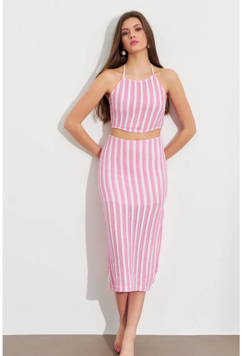 Kadın Pembe Etekli Triko Takım ROP108