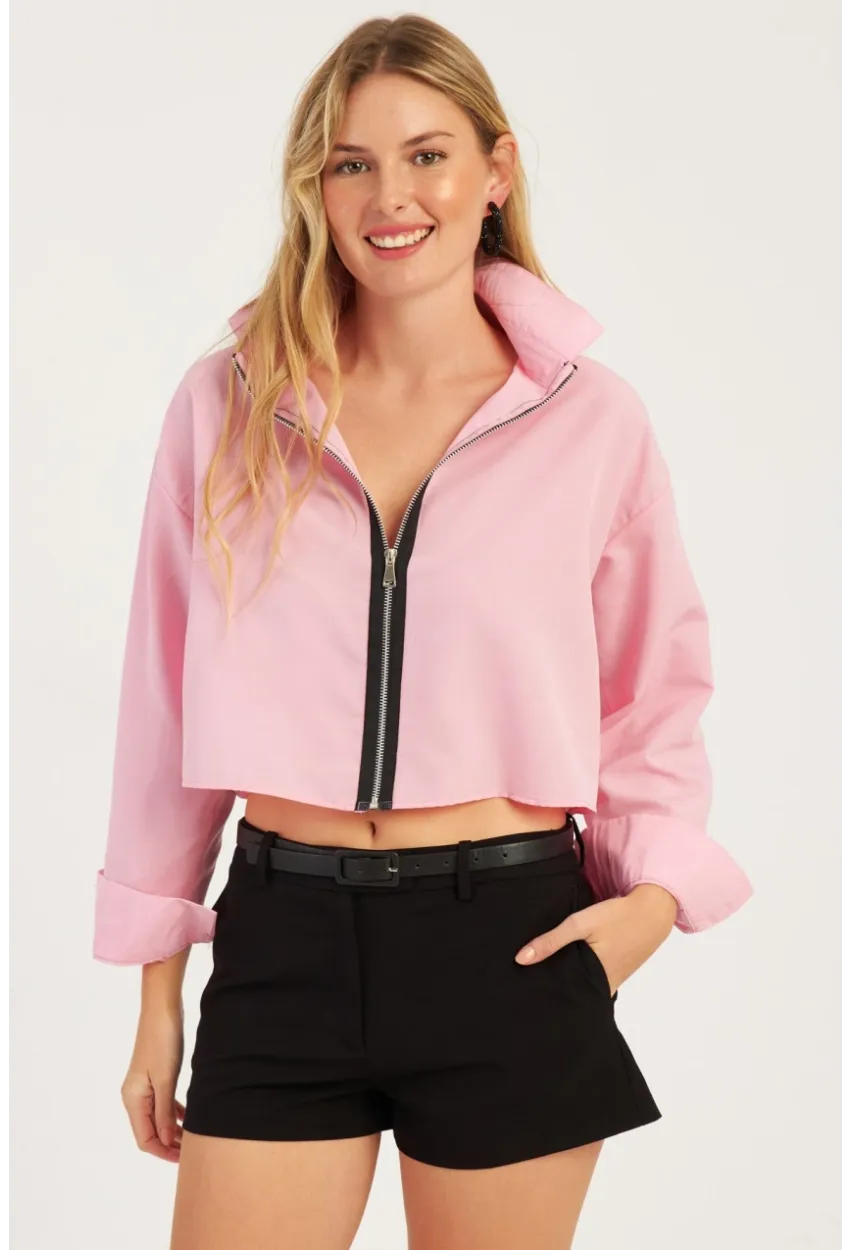 Kadın Pembe Fermuarlı Kısa Gömlek SF2541