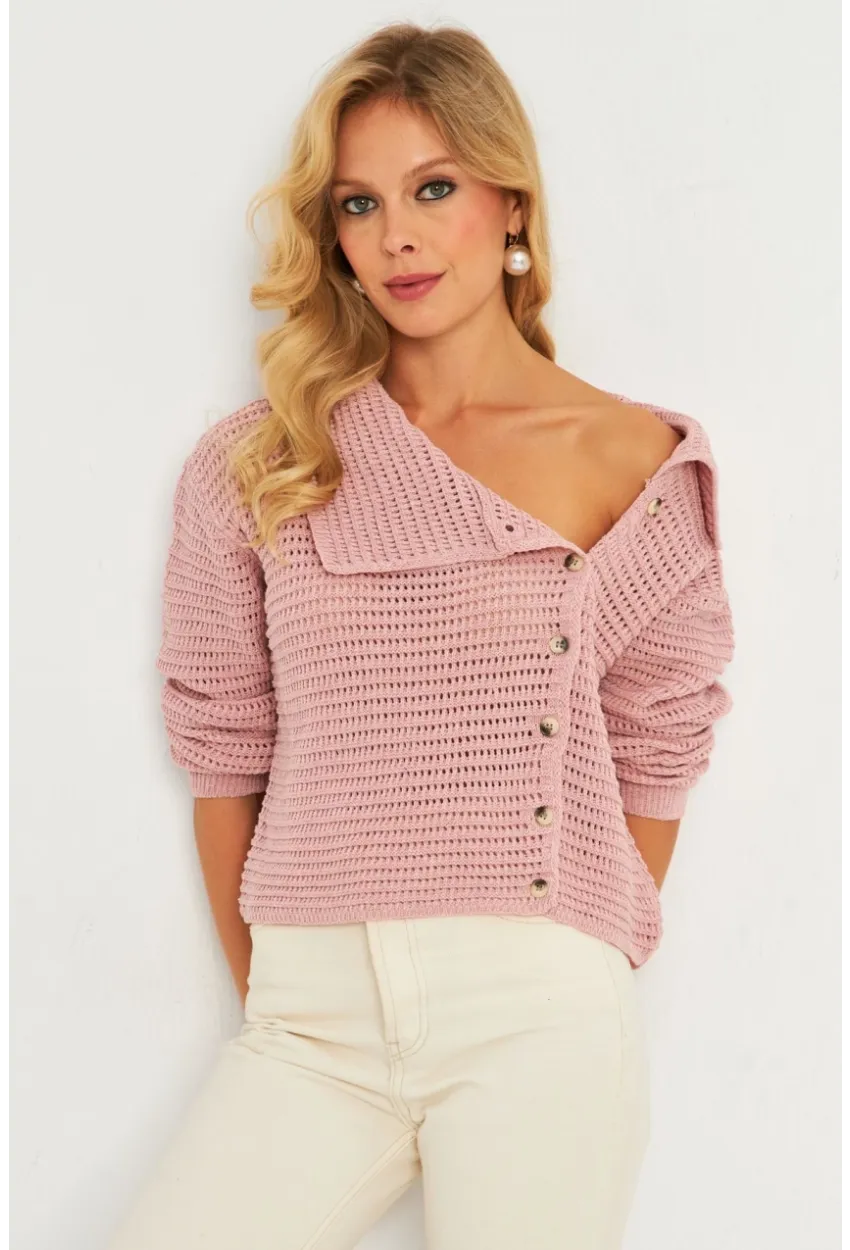 Kadın Pembe Geniş Yakalı Triko Hırka MİW4571