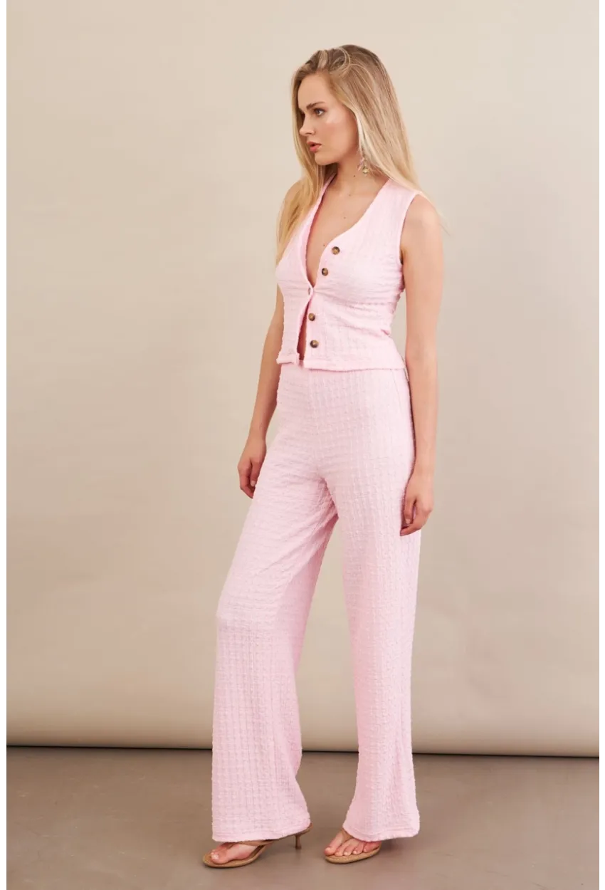 Kadın Pembe Gofre Yelek Pantalon Takım FLU330