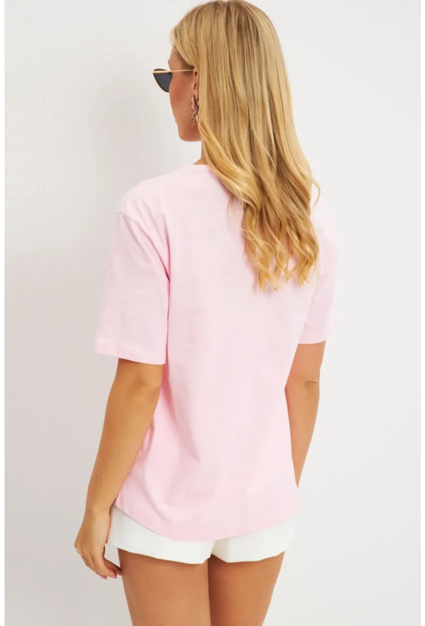 Kadın Pembe Gül Aksesuarlı T-Shirt SF12721