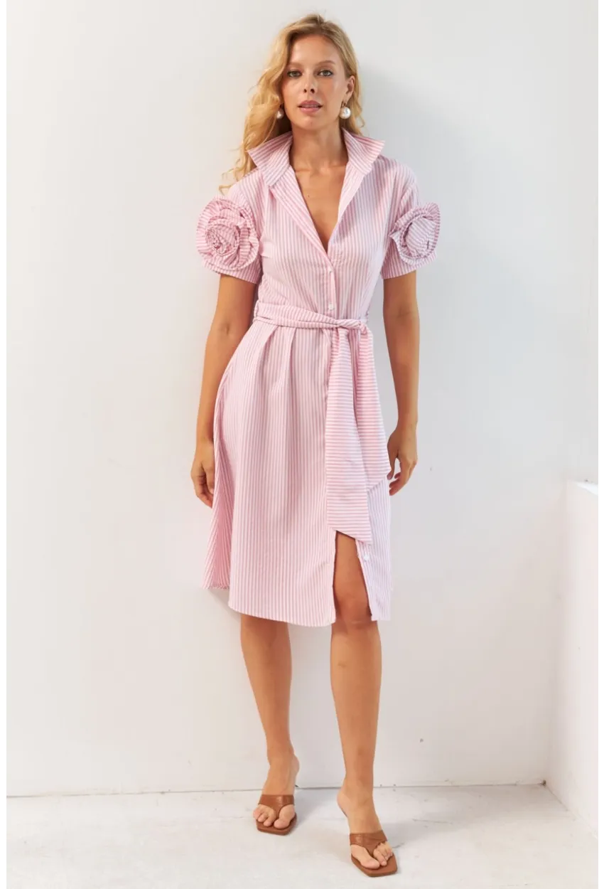 Kadın Pembe Gül Detaylı Midi Gömlek Elbise SF12812