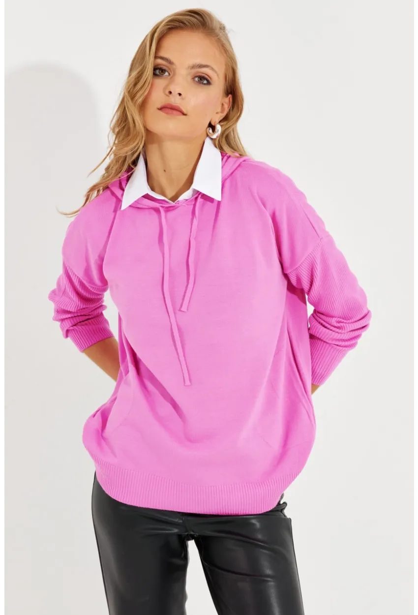 Kadın Pembe Kapüşonlu Cepli Triko Kazak YZ520