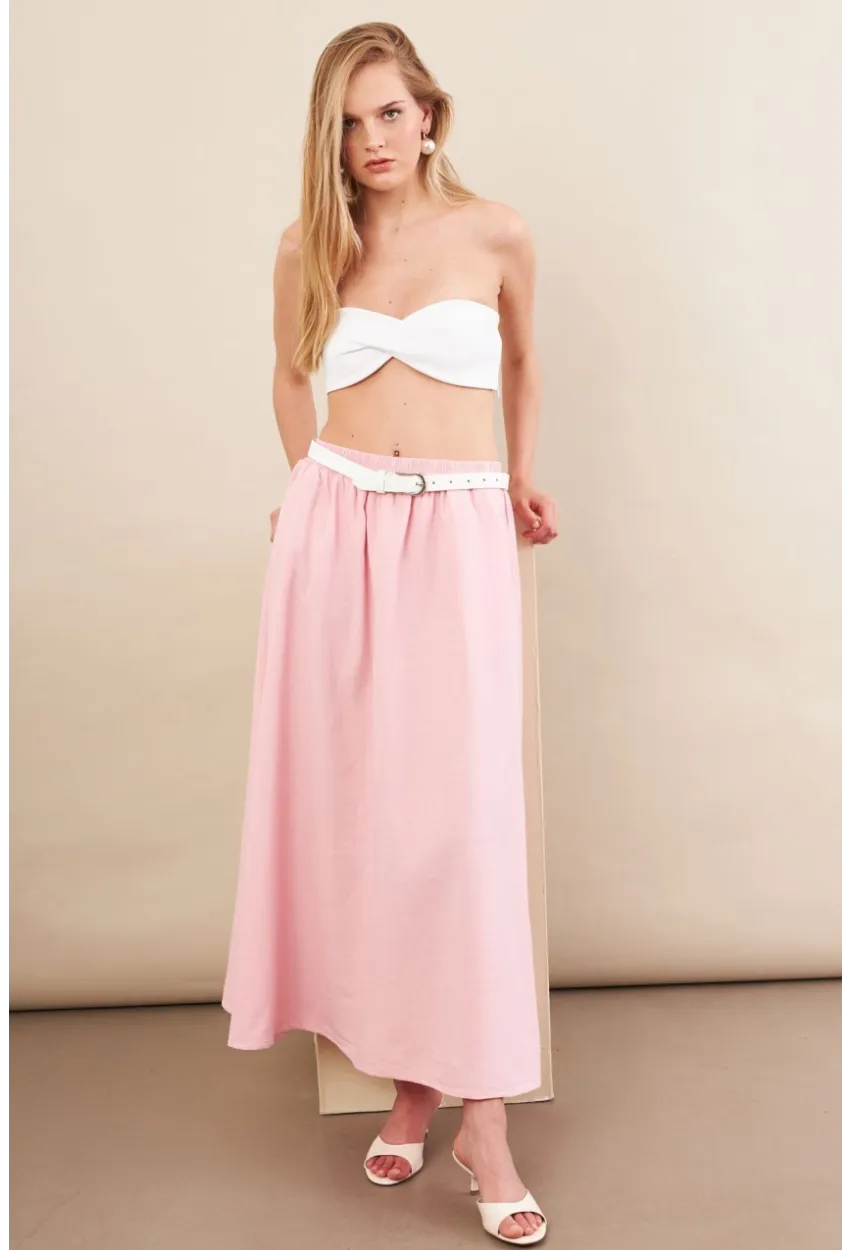 Kadın Pembe Keten Cepli Midi Etek RSP4440