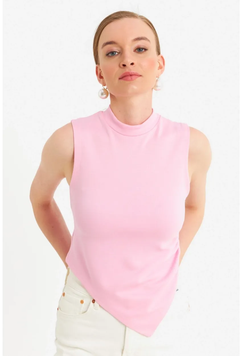 Kadın Pembe Kolsuz Crop Bluz ZH07