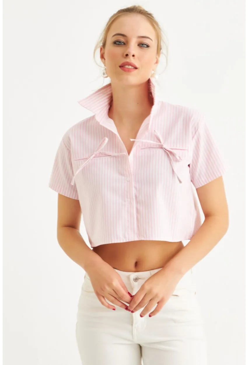 Kadın Pembe Kurdele Detaylı Crop Gömlek MPC302