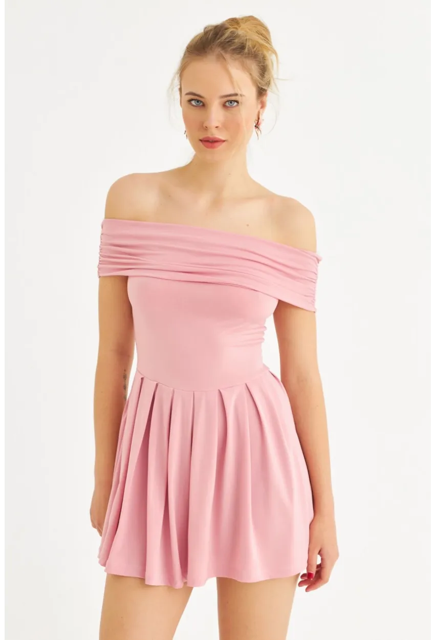 Kadın Pembe Madonna Yaka Midi Elbise MON1262-1