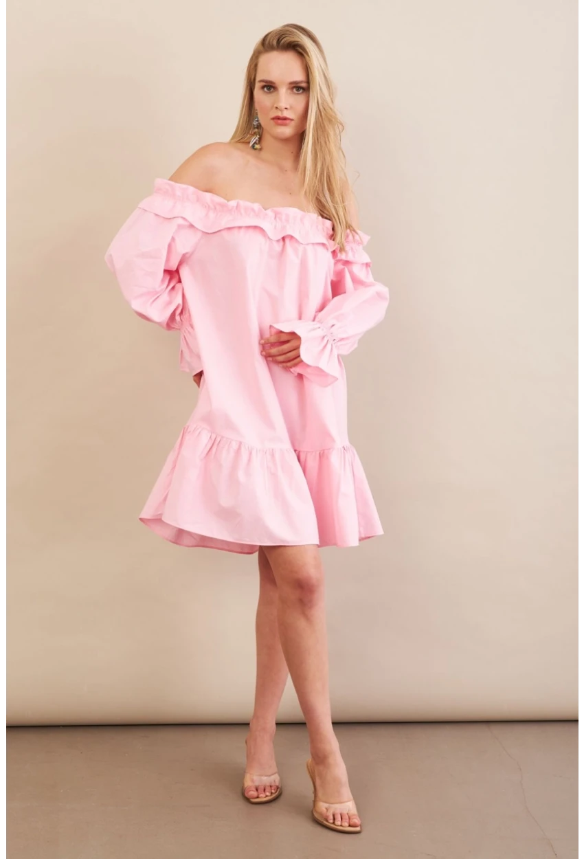 Kadın Pembe Madonna Yaka Midi Elbise PSG1012