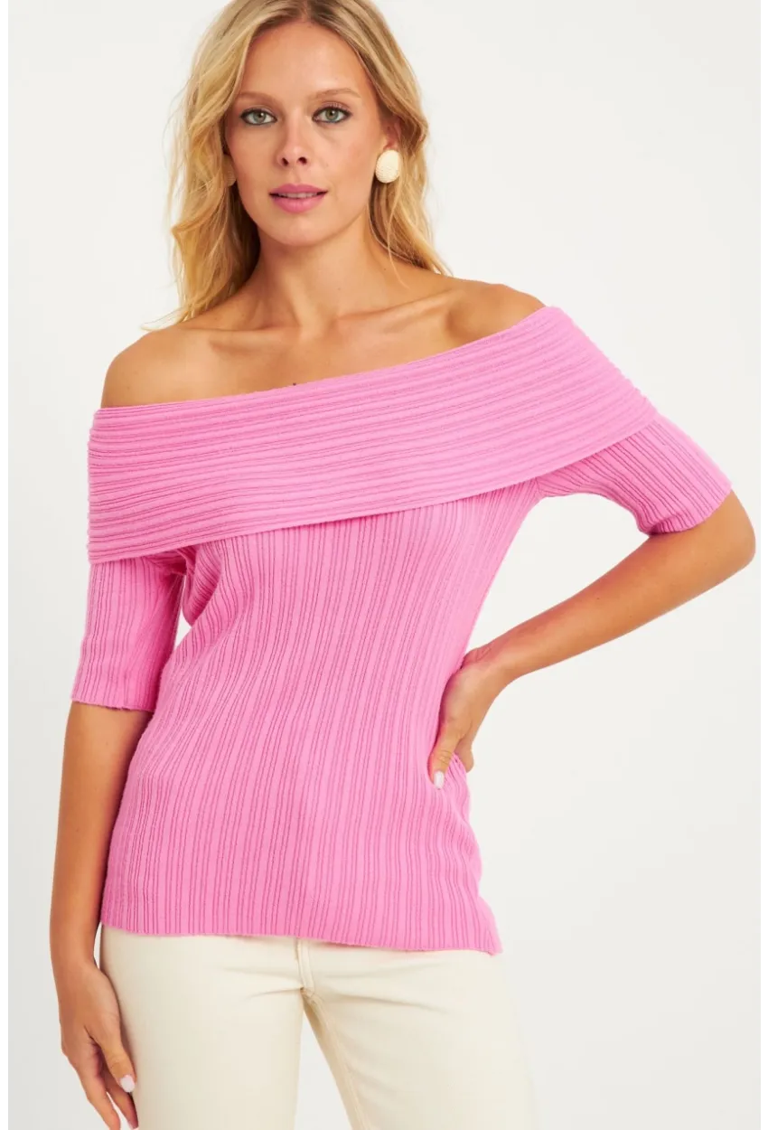 Kadın Pembe Madonna Yaka Triko Bluz KZ538