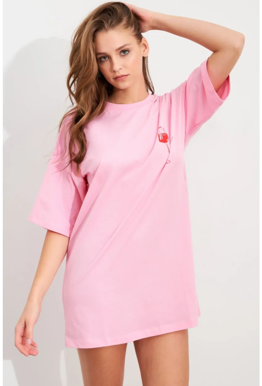 Kadın Pembe Oversize Pijama T-Shirt TPG14