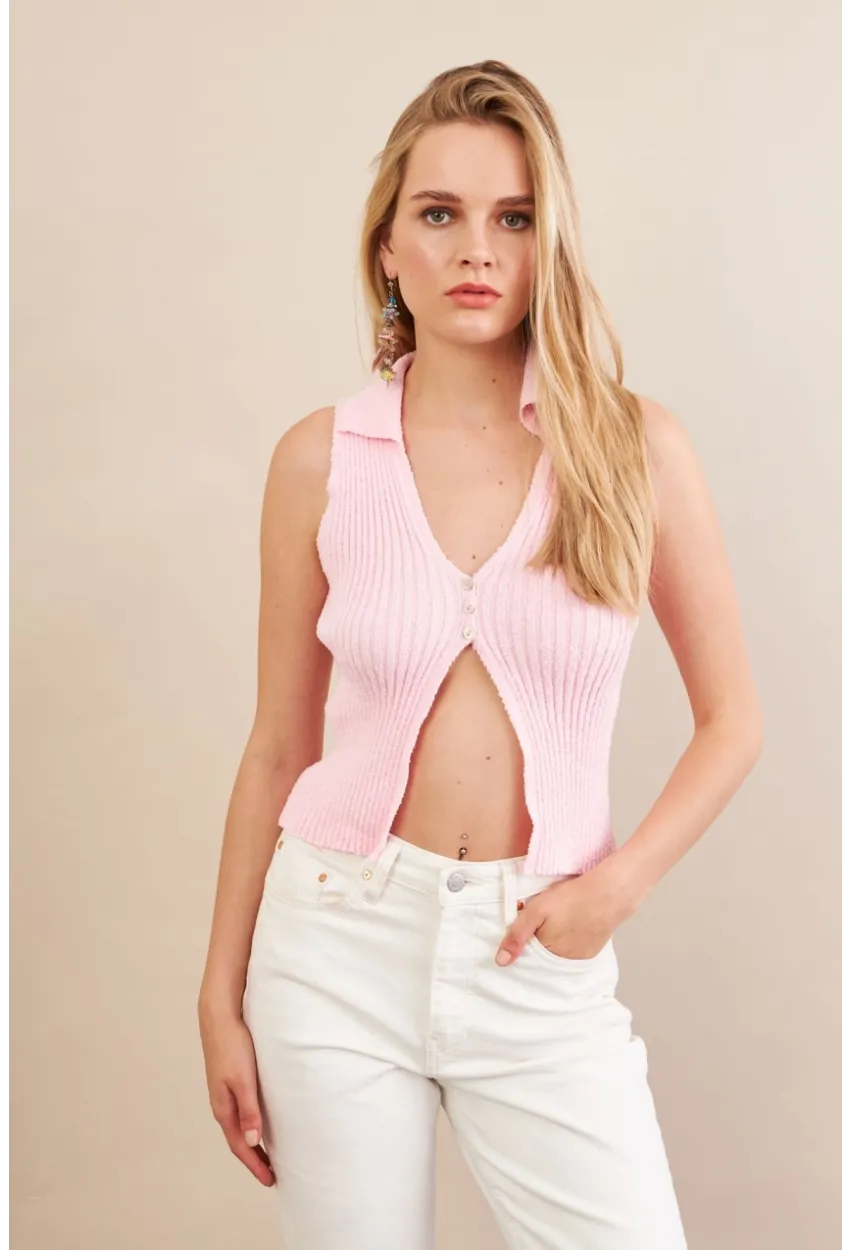 Kadın Pembe Polo Yaka Yumoş Yelek ZH050