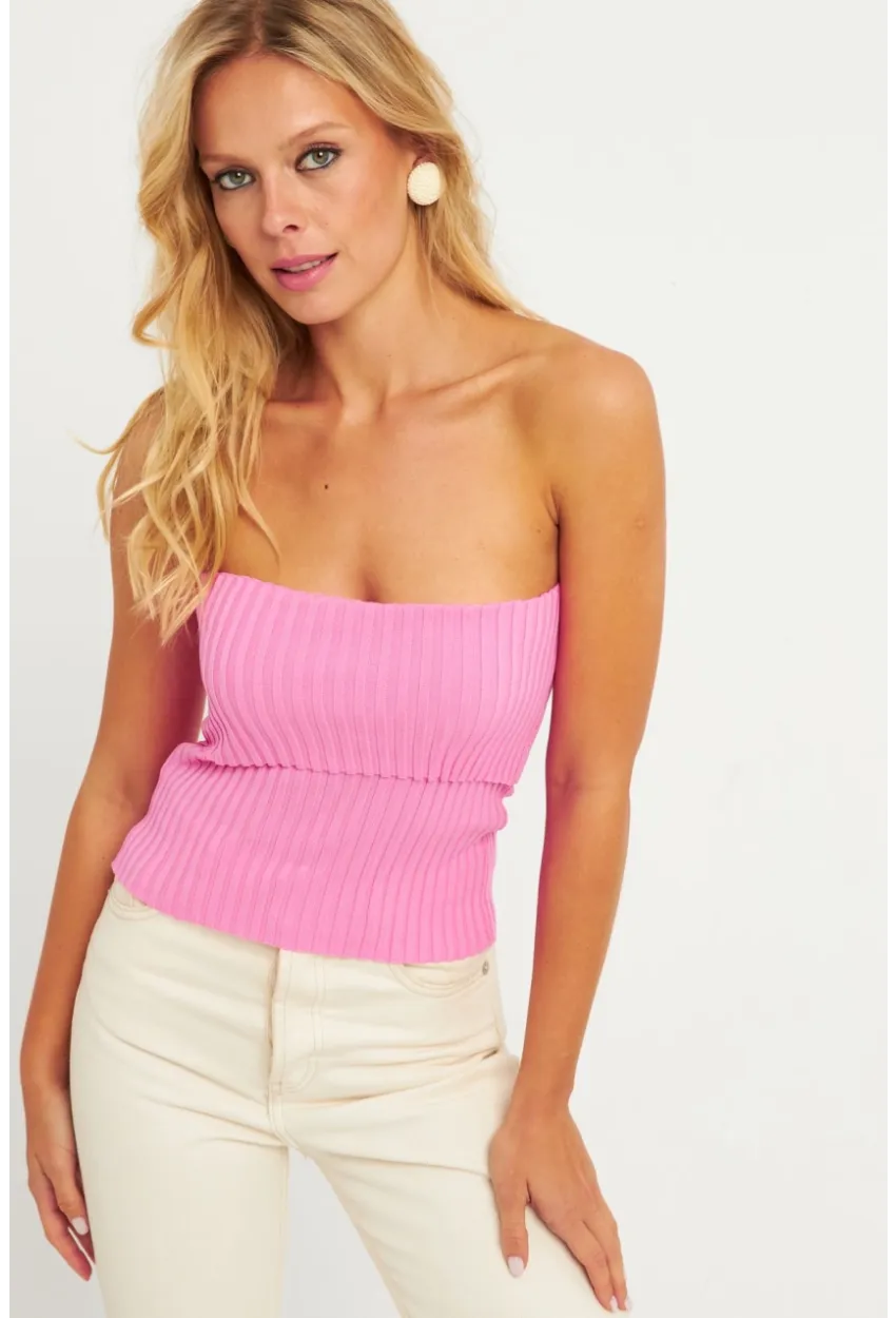 Kadın Pembe Straplez Triko Bluz YV240