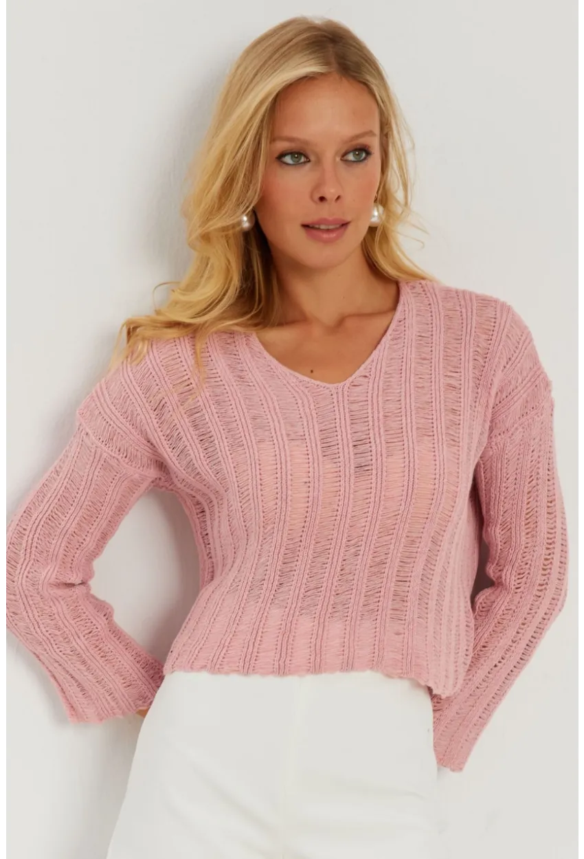 Kadın Pembe V Yaka Ajurlu Triko Bluz YV233
