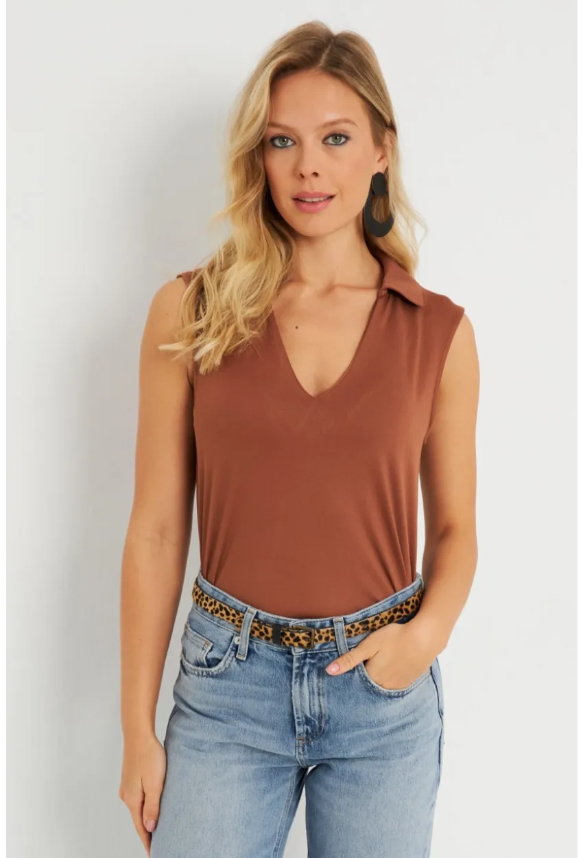 Kadın Polo Yaka Bluz Badem AYD276