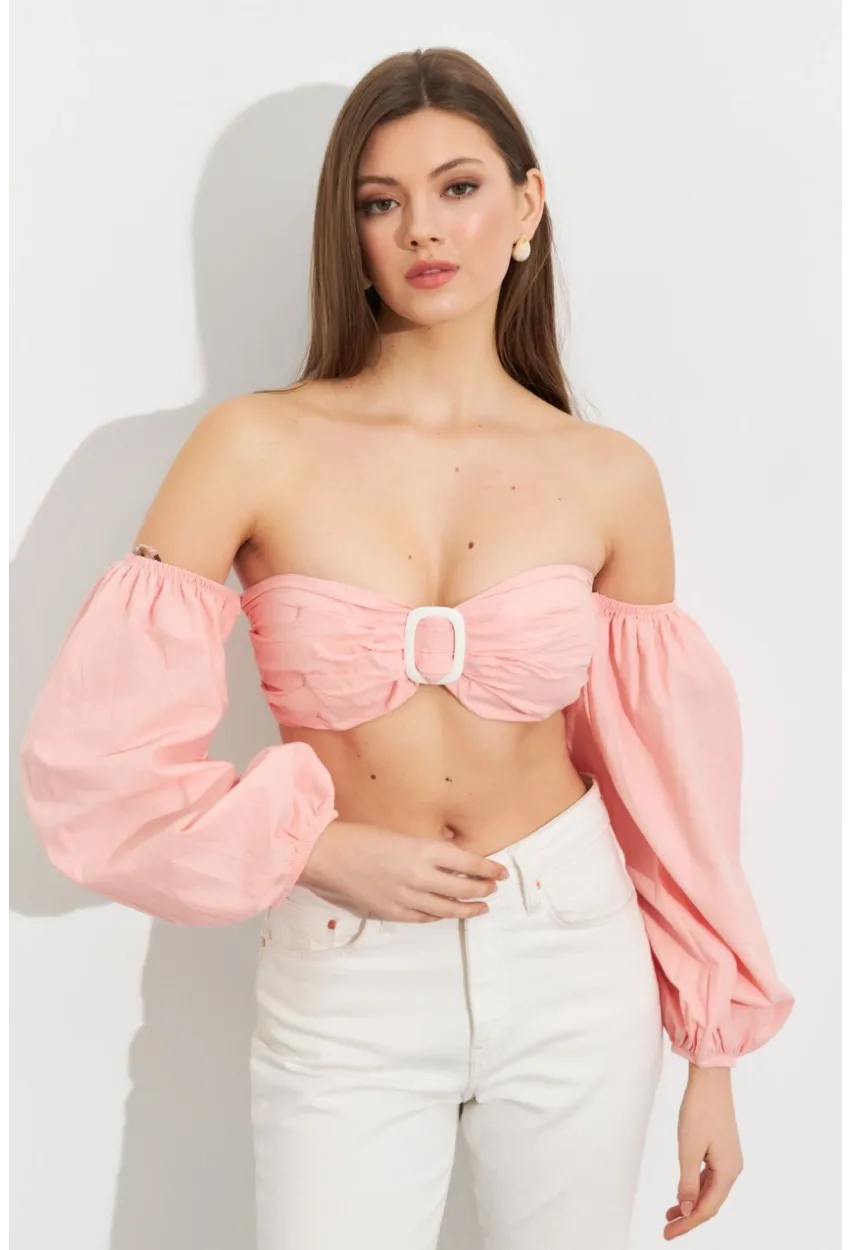 Kadın Pudra Balon Kol Crop Bluz ROP111