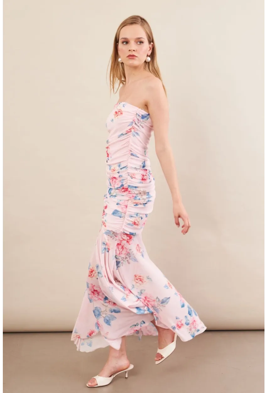 Kadın Pudra Drapeli Straplez Midi Tül Elbise ERL101