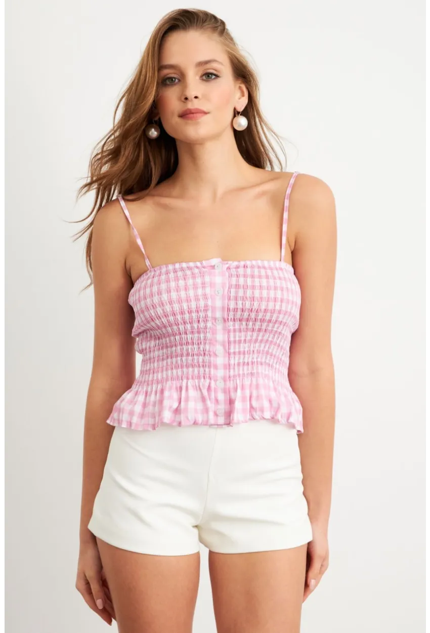 Kadın Pudra Ekose Lastikli Crop Bluz MTK13397