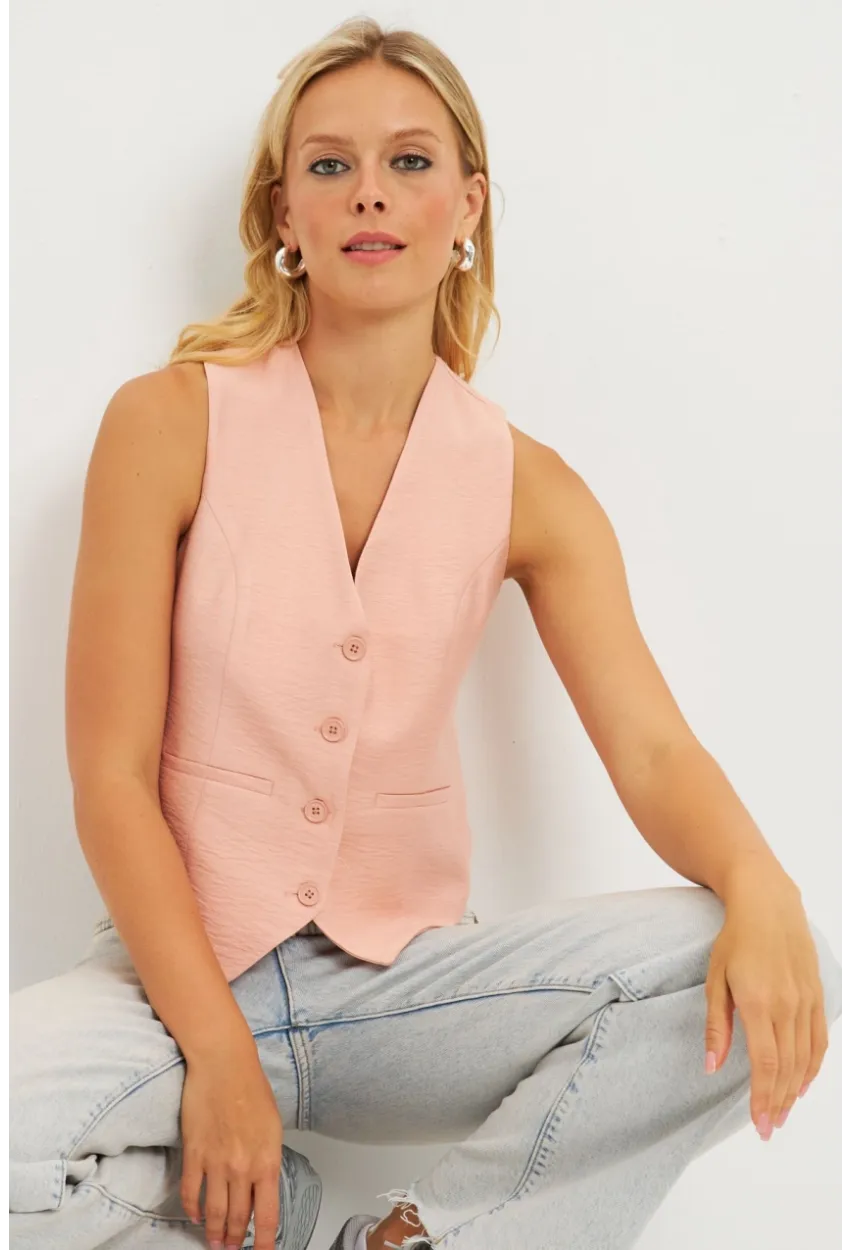 Kadın Pudra Keten Astarlı Yelek TW60046