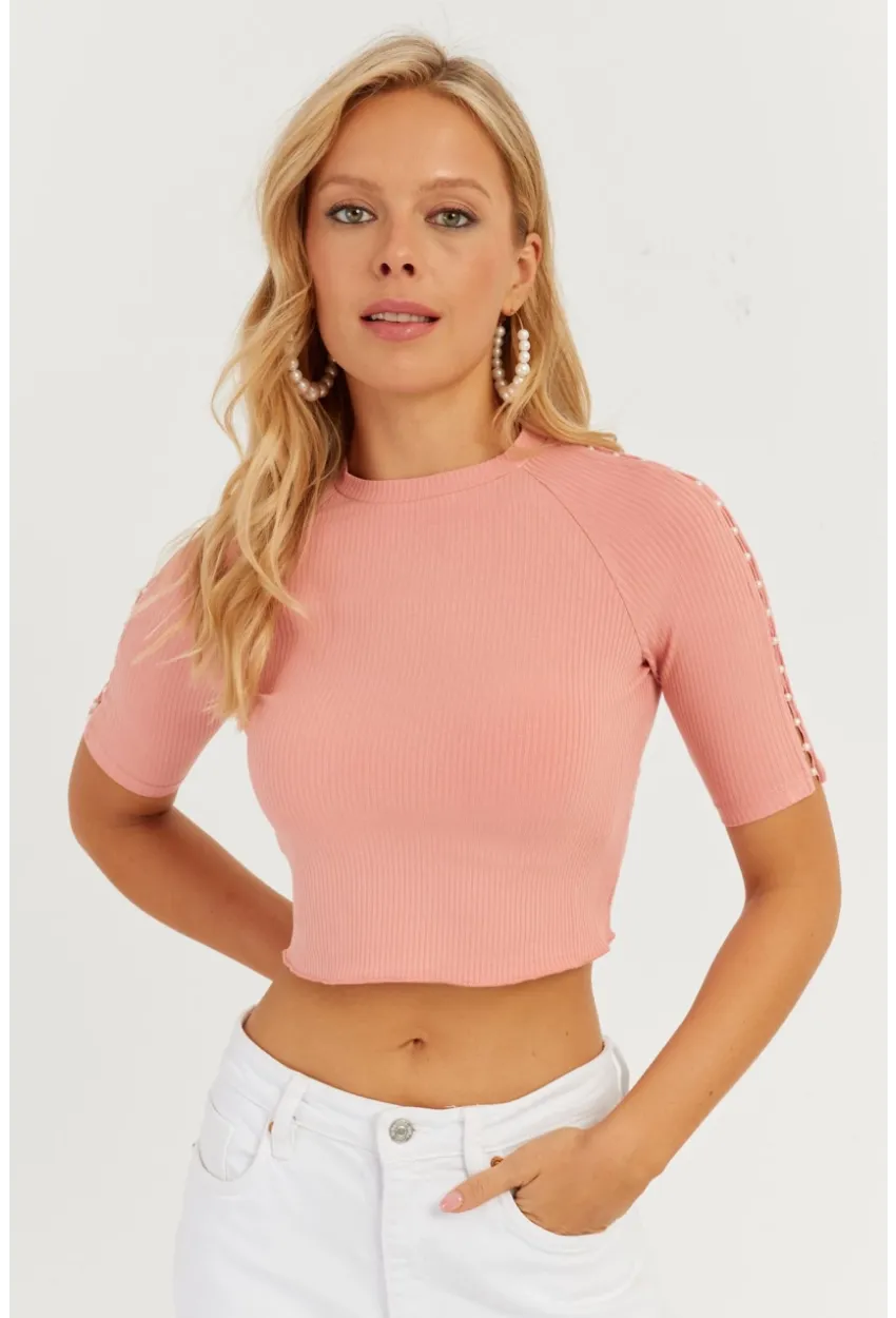 Kadın Pudra Kolları İncili Crop Bluz AYD298