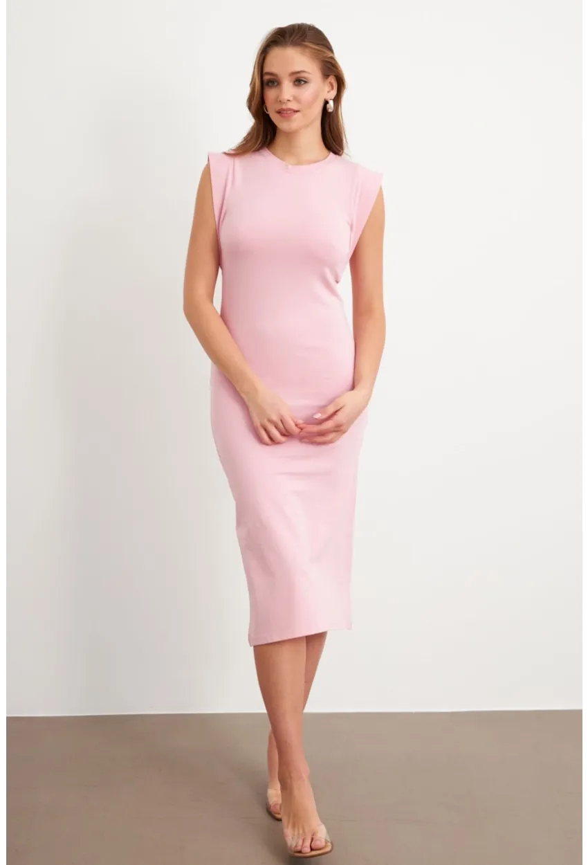 Kadın Pudra Kolsuz Basic Midi Elbise FLU7109