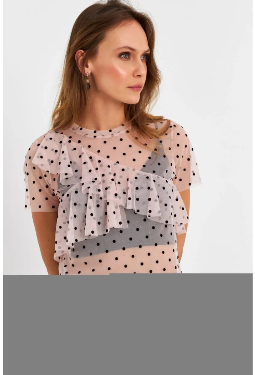 Kadın Pudra-Siyah Puantiyeli Tül Bluz ZH029