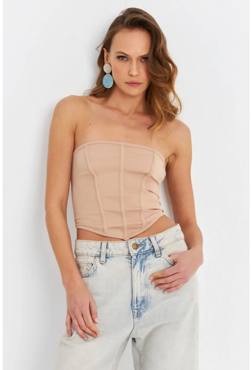 Kadın Pudra Straplez Crop Bluz B6081