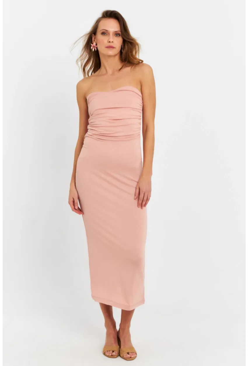 Kadın Pudra Straplez Midi Elbise EY3080