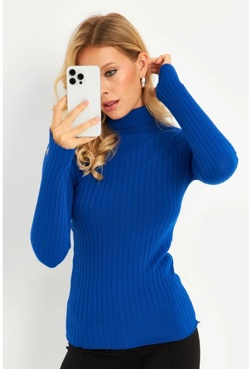 Kadın Saks Balıkçı Yaka Eldivenli Triko Bluz HNT03