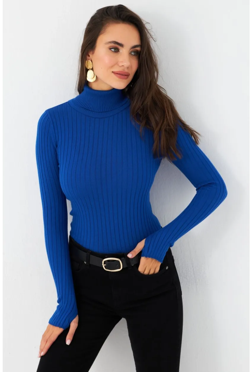 Kadın Saks Balıkçı Yaka Triko Bluz YV102-90