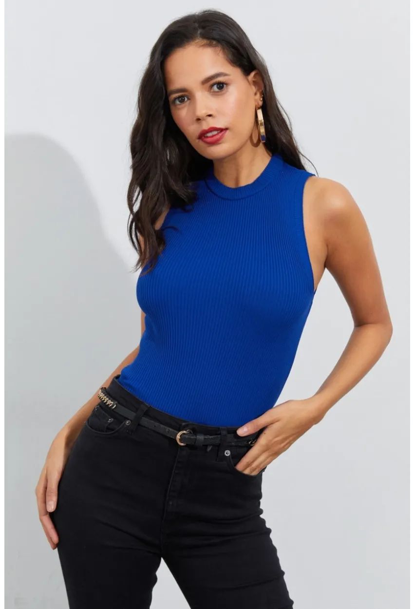 Kadın Saks Bisiklet Yaka Triko Bluz YV91