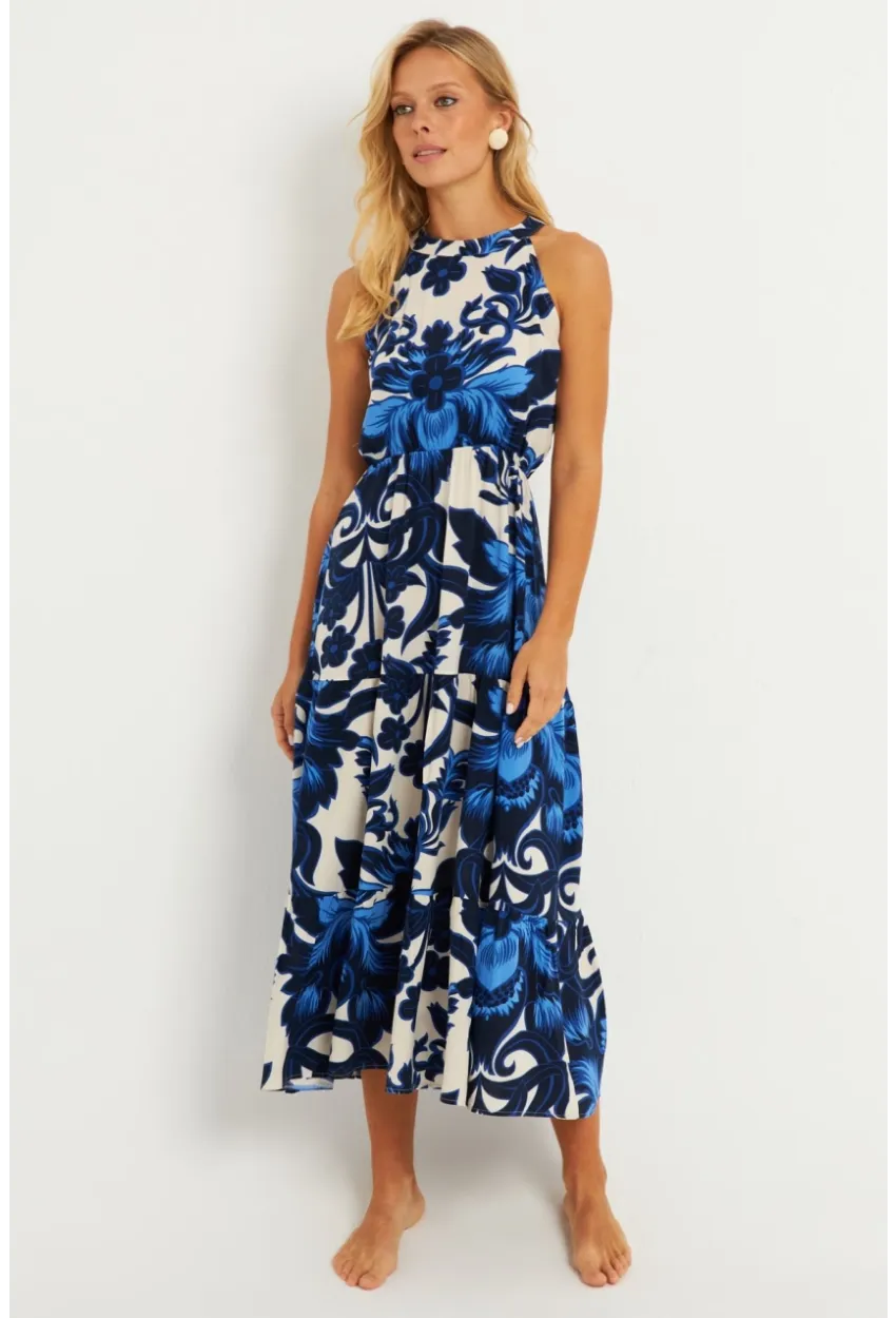 Kadın Saks Desenli Midi Elbise YZ1107