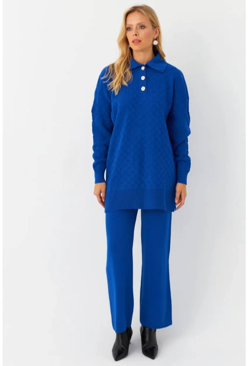 Kadın Saks İnci Düğmeli Triko Alt Üst Takım MNUV33