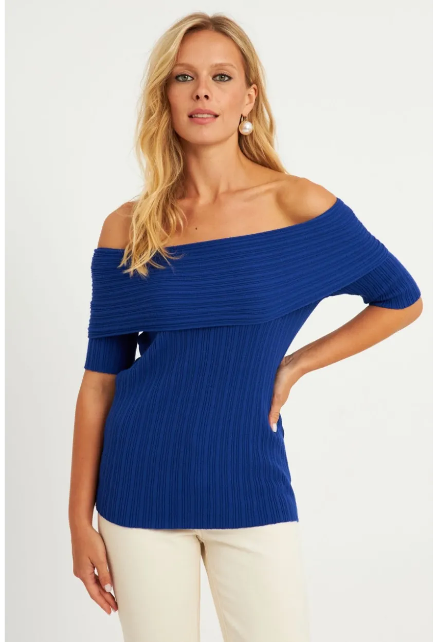 Kadın Saks Madonna Yaka Triko Bluz KZ538