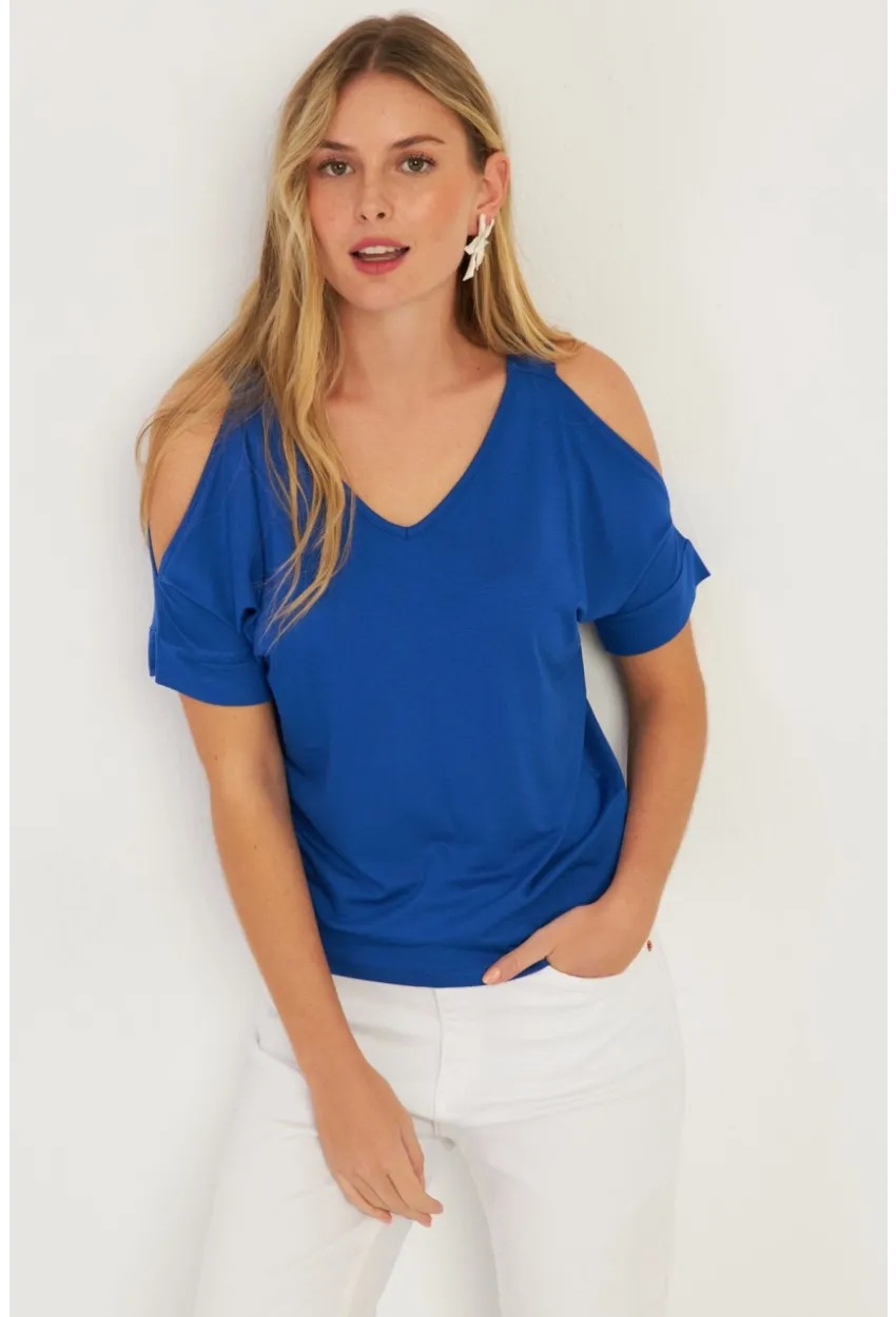 Kadın Saks Omuzları Açık Bluz BR1329